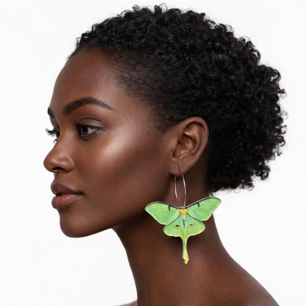 Emerald Luna Studio Series Green Luna Moth Hoop Statement Earrings - Picture 5 of 6